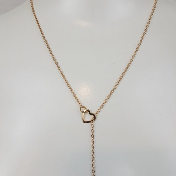 Double Heart Lariat Dainty Gold Minimalist Necklace - Picture 3 of 8